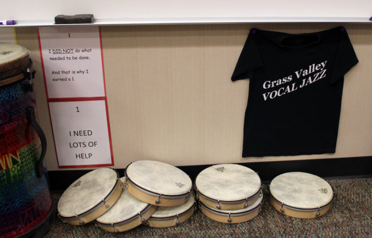 (Photo by Kelly Moyer/Post-Record)
A T-shirt hanging inside Grass Valley Elementary School music teacher Natalie Wilson's classroom features Wilson's Grass Valley VOCAL JAZZ group, one of the only elementary school-level vocal jazz ensembles in the nation.