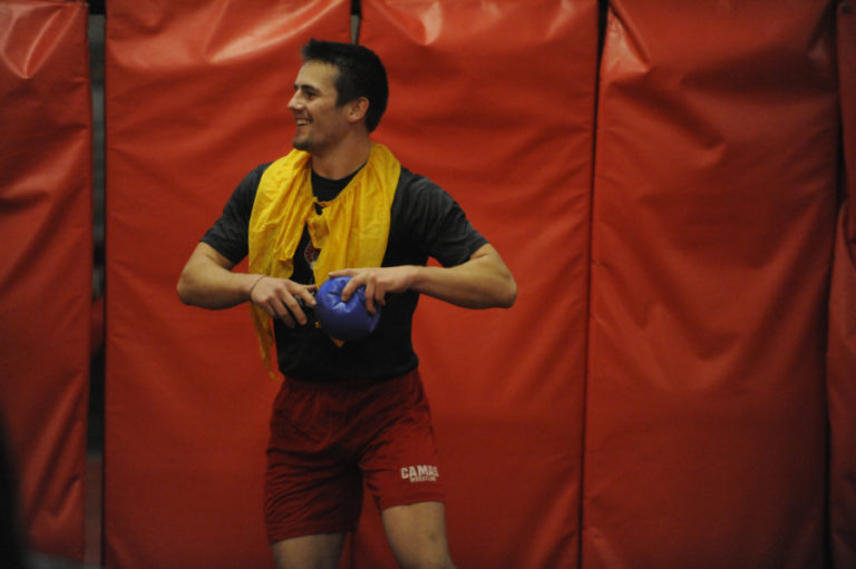 Photos by Wayne Havrelly/Post-Record
Camas High School wrestler Gideon Malychewski's well-known baseball skills come in handy during a game of dodgeball in the Camas High School wrestling room. (Photos by Wayne Havrelly/Post-Record)