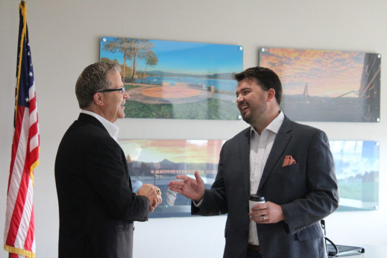 Republican representatives for Washington&#039;s 18th Legislative District, which includes Camas and Washougal, Larry Hoff (left) and Brandon Vick (right) joke before a legislative town hall held Saturday, Jan. 4, at the Port of Camas-Washougal.