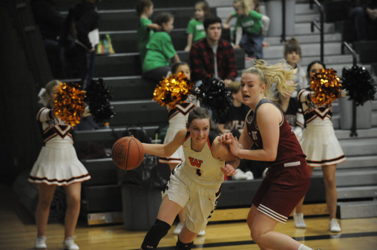 Washougal sophomore Jaiden Bea drives around a W.F. West player during a 2A District 4 tournament game at Woodland High School on Feb. 17.