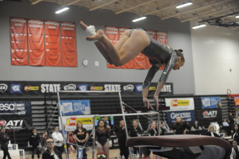 Washougal's Shaela Ausmus catapults off the vault at the 1A/2A/3A state gymnastics championships at Lake Sammamish High School on Feb. 21.