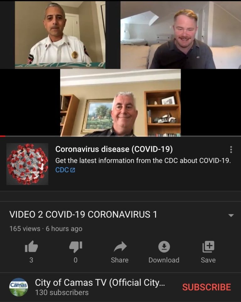 Camas Mayor Barry McDonnell (upper right) talks to Camas-Washougal Fire Department Chief Nick Swinhart (upper left) and Camas Police Chief Mitch Lackey (bottom) about local COVID-19 preparedness in a video posted to the city of Camas' YouTube channel on Monday.
