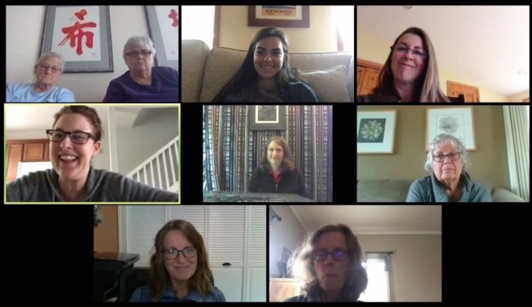 Carolyn Long (left, middle row), a Democratic candidate running for Congress in Washington&#039;s 3rd Congressional District, speaks to supporters online during a recent virtual &quot;Coffee with Carolyn&quot; event. Long has found success with her online Facebook Live town halls and &quot;Coffee with Carolyn&quot; events since the start of the COVID-19 shutdowns.