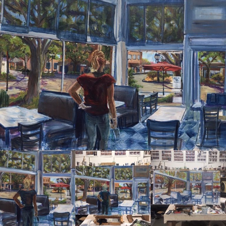 (Contributed photo courtesy of Anna Norris) Camas painter Anna Norris shows the stages of her recent painting, "We're Not in Camas Anymore," featuring Natalia's Cafe manager Wendy DelBosque looking out the cafe's windows at empty downtown streets during the first few weeks of the statewide quarantine meant to slow the spread of COVID-19.