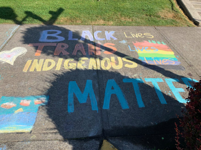 An example of the type of public art drawn in chalk outside the Camas Public Library in July.