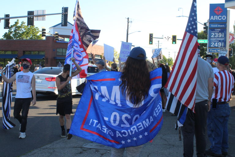 Opposing rallies -- one for Black Lives Matter, another for the pro-police "Blue Lives Matter" -- take place along Northeast Third Avenue in downtown Camas on Friday, Aug. 28. (Photos by Kelly Moyer/Post-Record)