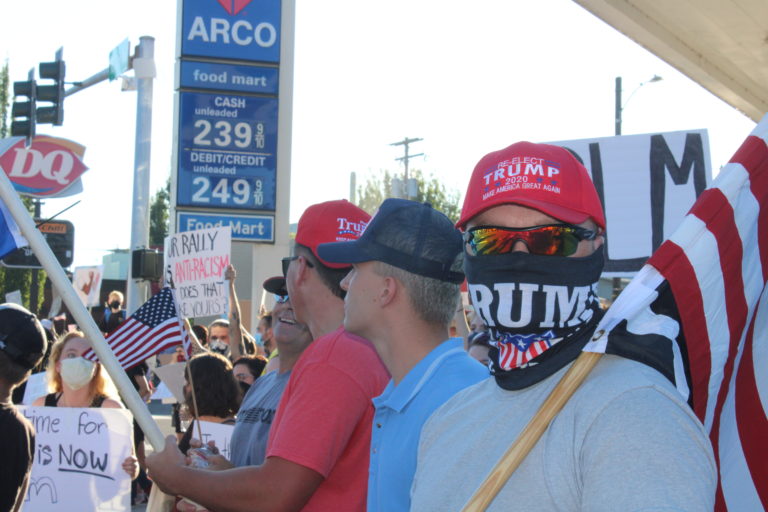 Opposing rallies -- one for Black Lives Matter, another for the pro-police "Blue Lives Matter" -- take place along Northeast Third Avenue in downtown Camas on Friday, Aug. 28. (Photos by Kelly Moyer/Post-Record)