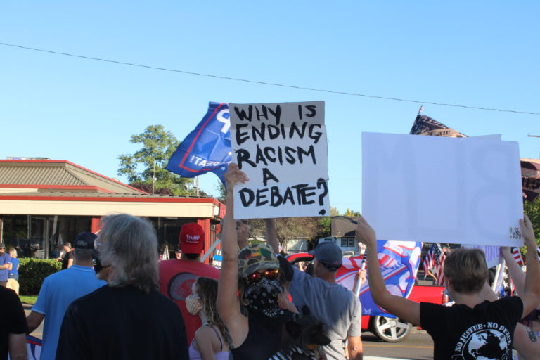 Opposing rallies -- one for Black Lives Matter, another for the pro-police "Blue Lives Matter" -- take place along Northeast Third Avenue in downtown Camas on Friday, Aug. 28. (Photos by Kelly Moyer/Post-Record)