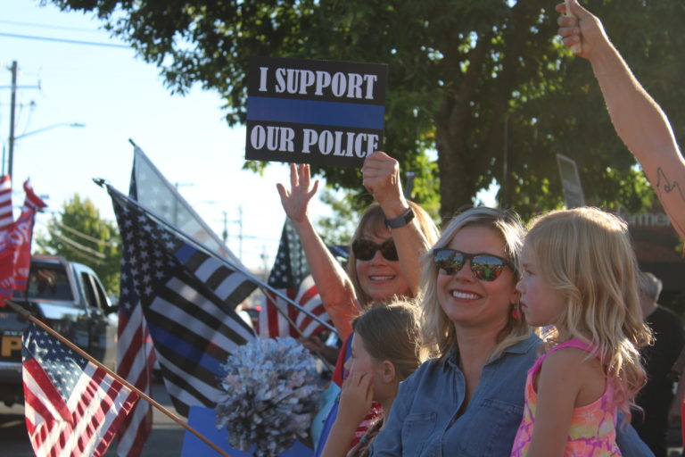 Opposing rallies -- one for Black Lives Matter, another for the pro-police "Blue Lives Matter" -- take place along Northeast Third Avenue in downtown Camas on Friday, Aug. 28. (Photos by Kelly Moyer/Post-Record)