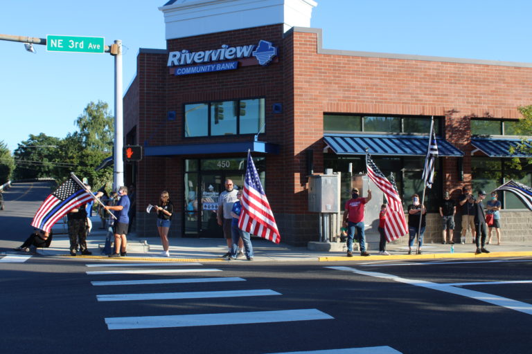 Opposing rallies -- one for Black Lives Matter, another for the pro-police "Blue Lives Matter" -- take place along Northeast Third Avenue in downtown Camas on Friday, Aug. 28. (Photos by Kelly Moyer/Post-Record)
