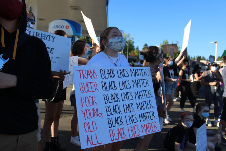Opposing rallies -- one for Black Lives Matter, another for the pro-police "Blue Lives Matter" -- take place along Northeast Third Avenue in downtown Camas on Friday, Aug. 28. (Photos by Kelly Moyer/Post-Record)
