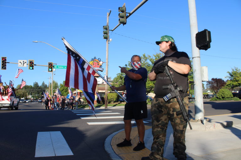Opposing rallies -- one for Black Lives Matter, another for the pro-police "Blue Lives Matter" -- take place along Northeast Third Avenue in downtown Camas on Friday, Aug. 28. (Photos by Kelly Moyer/Post-Record)