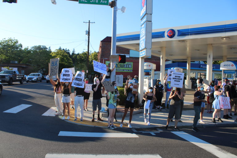 Opposing rallies -- one for Black Lives Matter, another for the pro-police "Blue Lives Matter" -- take place along Northeast Third Avenue in downtown Camas on Friday, Aug. 28. (Photos by Kelly Moyer/Post-Record)