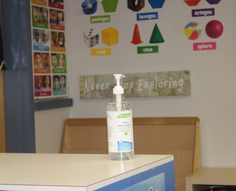Doug Flanagan/Post-Record
A bottle of hand sanitizer sits on a table near the entrance to Brittni Nester&#039;s classroom on Sept. 29. The Washougal School District began to offer in-person educational services to preschoolers last week.