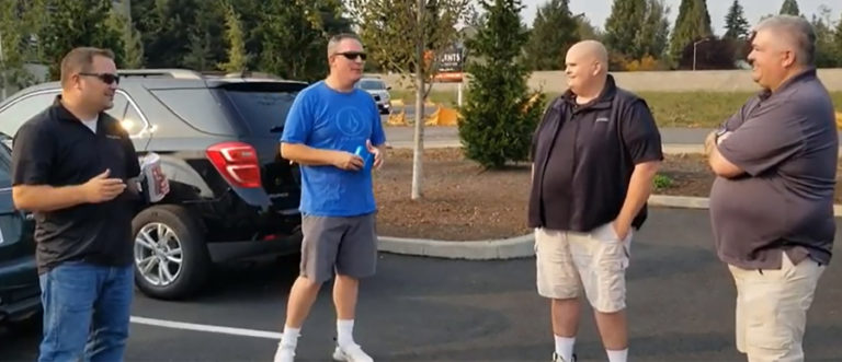 Vancouver residents Adam Wise (left) and Gordon Thomas (second from left) talk with Washougal residents Jason Dodge (right) and Eric Dodge (second from right) during a recent &quot;The Chubby Leprechaun&quot; YouTube video.