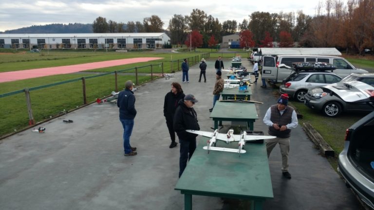 Fern Prairie Modelers Club members converse in the pit area at the Port of Camas-Washougal industrial park in October 2020.