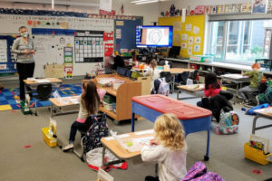 Kindergarten teacher Marilyn Canfield (left) leads students at Helen Baller Elementary School in Camas on Monday, Nov. 9, 2020. (Contributed photo by Doreen McKercher, courtesy of Camas School District)