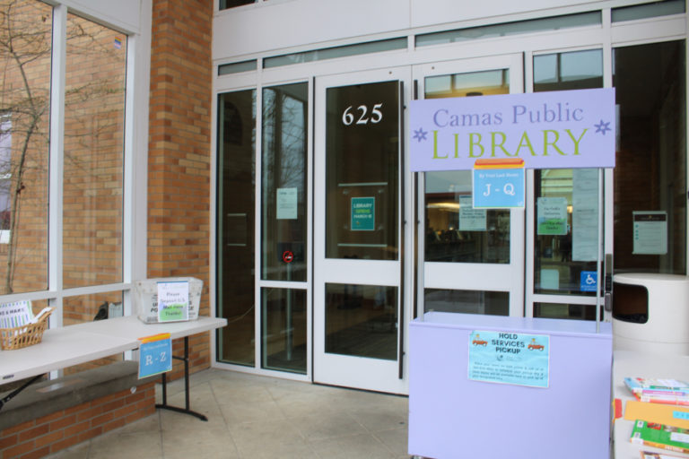 Pickup services are available at the Northeast Fourth Avenue entrance of the Camas Public Library on Friday, March 5, 2021. Once the library reopens its indoor services on March 15, 2021, the pickup services will switch to the library's one-way exit on Northeast Fifth Avenue.