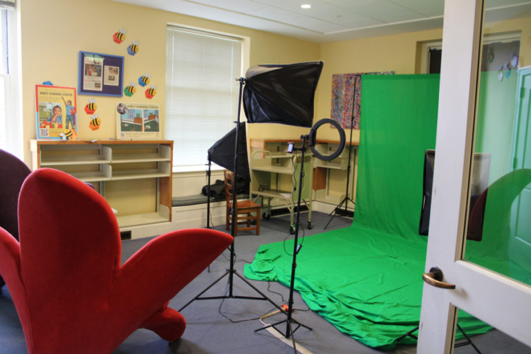 The children's room inside the Camas Public Library is transformed into a "green room" on Friday, March 5, 2021. Library staff are using the room to create online videos, including a new "Camas road trips" feature that will showcase local sites normally included in school field trips during non-pandemic school years.