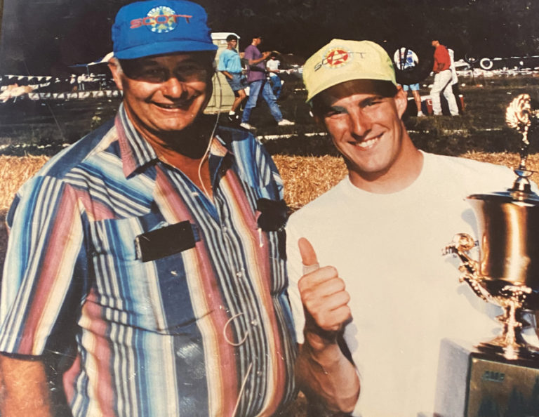 Contributed photo courtesy Ryan Huffman 
 Washougal MX Park owner Ralph Huffman (left) presents racer Mike Kiedrowski with a trophy during a Washougal National event.  "Mike was always one of my dad's favorites and was super good to him," said Ryan Huffman, Ralph's son. Ralph passed away on March 22.