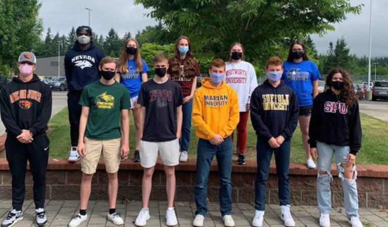 Contributed photo courtesy Camas High School 
 Camas High School held a ceremony on Thursday, June 3,  to honor 12 of its student-athletes that will continue their athletic careers in college. Top row, left to right: Jacques Badolato-Birdsell (University of Nevada-Reno football), Emily Langdale (Clark College soccer), Shealyne McGee (University of Montana track and field), Grace Curley (Whitworth University lacrosse) and Alison Snyder (Clark College softball). Bottom row, left to right: Jake Blair (Oregon State University football), Jack Harris (Concordia University-Irvine swimming), Sam Geiger (Gonzaga University cross country), Mitchell Hayward (Marian University cross country/track and field), Connor Hayward (Suffolk University cross country/track and field) and Jalena Carlisle (Seattle Pacific University basketball). Not pictured: Faith Bergstrom (California Polytechnic University basketball).
