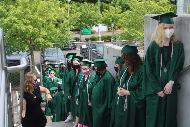 Hayes Freedom High School celebrates its class of 2021 at an in-person graduation ceremony held Saturday, June 12, 2021, at Doc Harris Stadium in Camas. (Kelly Moyer/Post-Record)