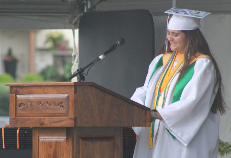 Washougal High School salutatorian Mariah Moran speaks during the school's graduation ceremony on Saturday, June 12, at Fishback Stadium in Washougal. (Doug Flanagan/Post-Record)