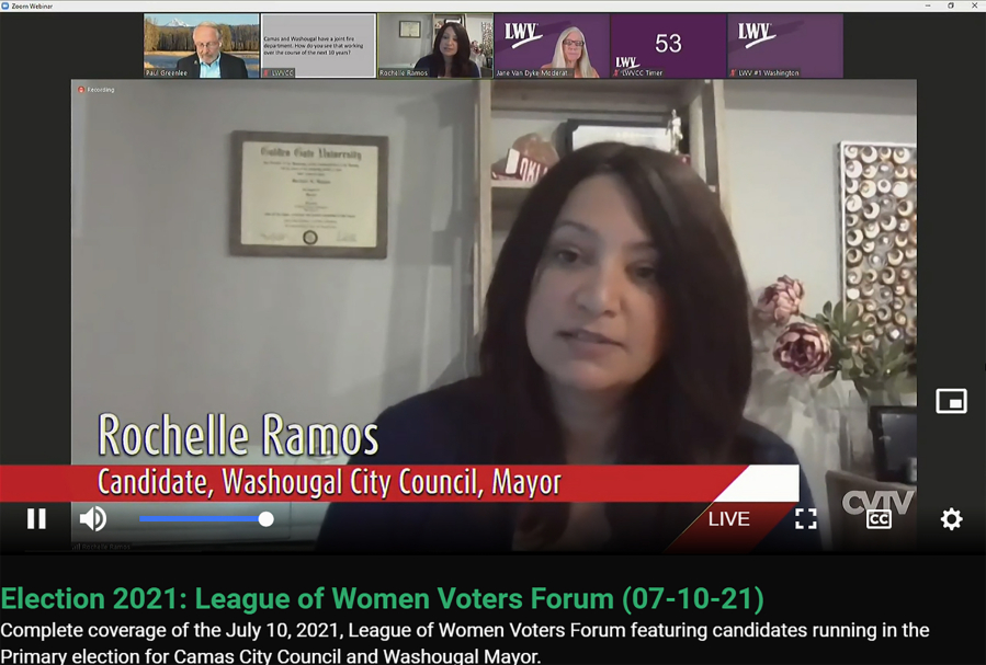 Doug Flanagan/Post-Record 
 Rochelle Ramos speaks during the League of Women Voters of Clark County candidate forum on Saturday. July 10.