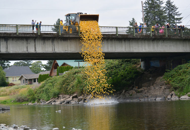 Spectators watch from the Third Avenue Bridge in 2017, as 5,500 rubber ducks drop into the Washougal River.
