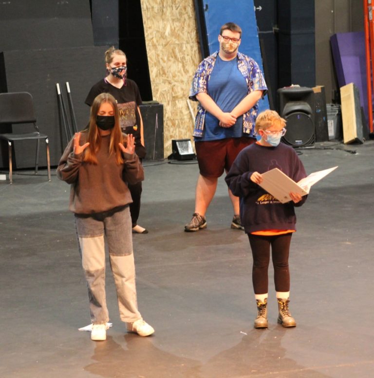 Doug Flanagan/Post-Record 
 Washougal High School student Claire Zakovics (front left) sings a song, accompanied by Sarah Vandehey (back left), Robert Stevens (back right) and choir teacher MaKenna Clendenen during a rehearsal session for the Washougal School District&#039;s upcoming musical production &quot;All Together Now!&quot; at Washougal High School on Nov. 5.
