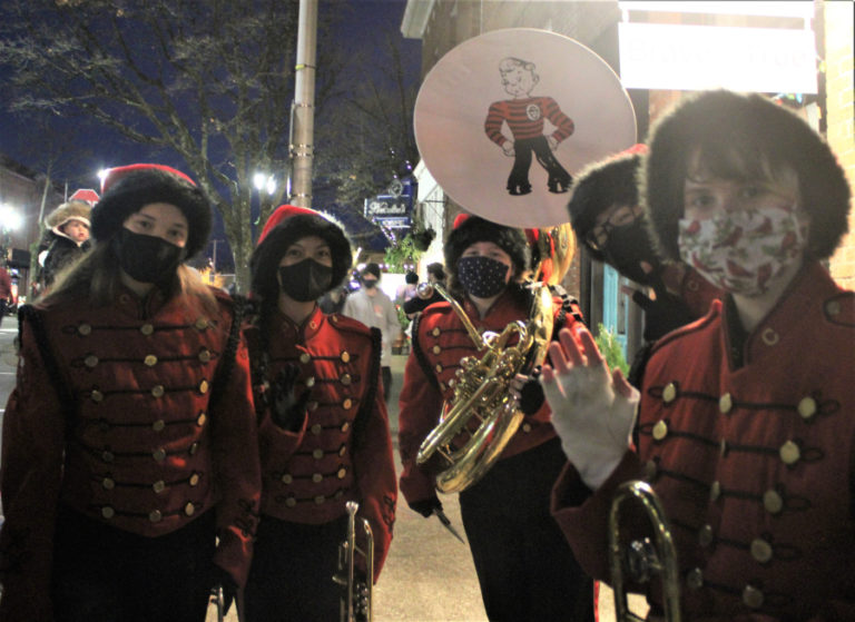 Camas High School band members wait to perform at the the city of Camas’ 2021 Hometown Holidays event on Friday, Dec. 3, 2021. (Kelly Moyer/Post-Record)