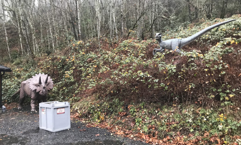 Animatronic triceratops (left) and velociraptor (right) stand outside of the &quot;Jurassic Retreat&quot; rental home in rural Washougal.