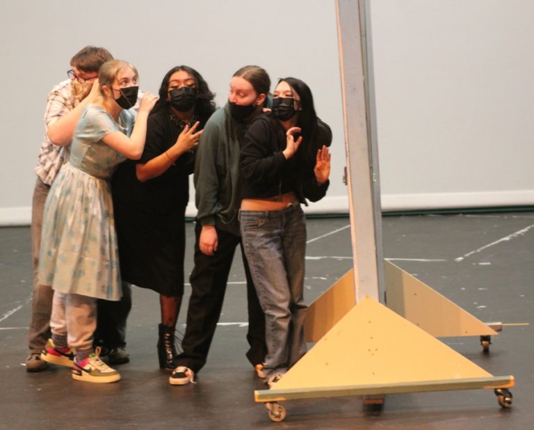 Washougal High School theater students (from left to right) Bart Stevens, Savannah Yokel, Daisha Paz-Mendoza, Chloe Dahler and Bailey Cole rehearse the school&#039;s upcoming production of &quot;Clue (High School Edition)&quot; on Friday, Feb.