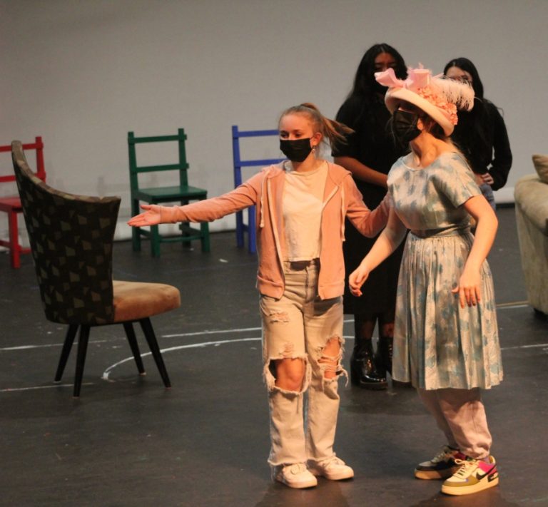 Washougal High School theater students Lilian Barrett (left) and Savannah Yokel rehearse the school&#039;s upcoming production of &quot;Clue (High School Edition) on Friday, Feb.