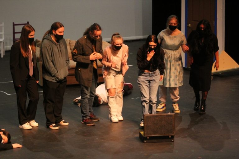 Washougal High School theater students (left to right) Claire Zakovics, Chloe Dahler, Jacob Haveman, Lilian Barrett, Bailey Cole, Savannah Yokel and Daisha Paz-Mendoza rehearse the school&#039;s upcoming production of &quot;Clue (High School Edition) on Friday, Feb.