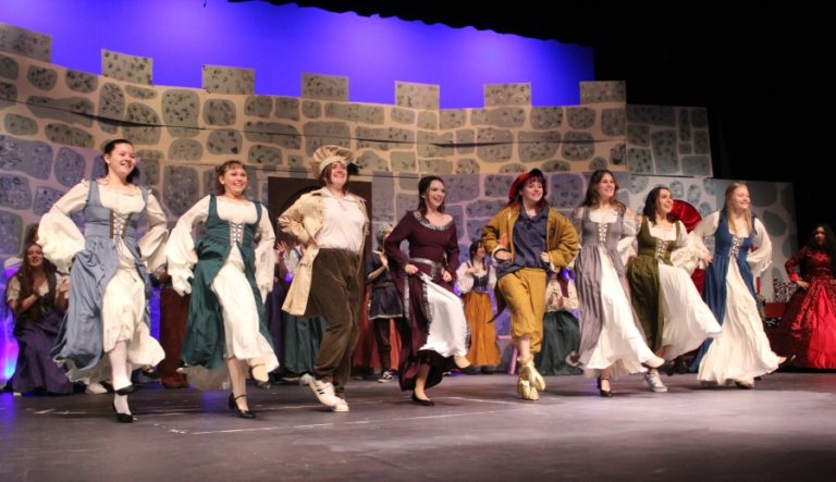 Doug Flanagan/Post-Record 
 Washougal High School drama students (from left to right) Claire Siefert, Grace Perkins, Trinatee Brajevich, Bailey Cole, Phoenix Hopmeier-Mitchell, Jaden Timms, Amanda Osario and Katie Gilbert perform during a rehearsal session on Monday, May 9, at Washburn Theater. The Washougal High drama department will present its spring musical, "Once Upon a Mattress," on Thursday, May 12, Friday, May 13, and Saturday, May 14.