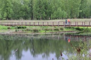 Visitors walk across a bridge at the newly reopened Steigerwald Lake National Wildlife Refuge in Washougal on Saturday, May 7, 2022. (Doug Flanagan/Post-Record)