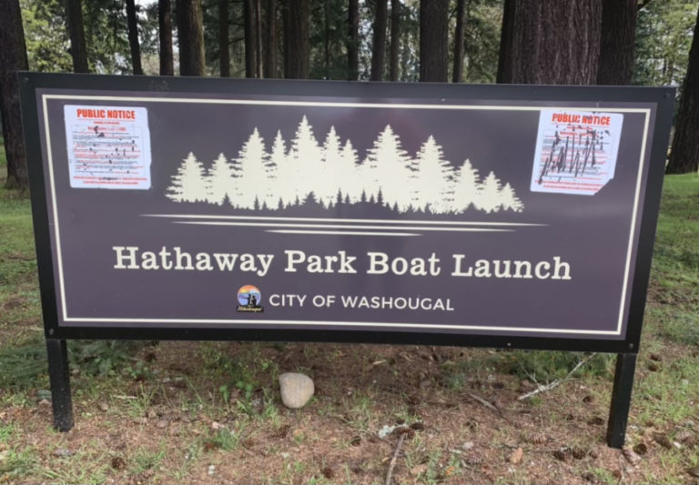 Graffiti is scrawled on the city of Washougal's Hathaway Park Boat Launch sign.
