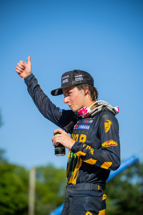 Washougal resident Levi Kitchen acknowledges his fans during the Lucas Oil Pro Motocross Championship&#039;s Southwick National on Saturday, July 9, 2022, in Southwick, Mass.