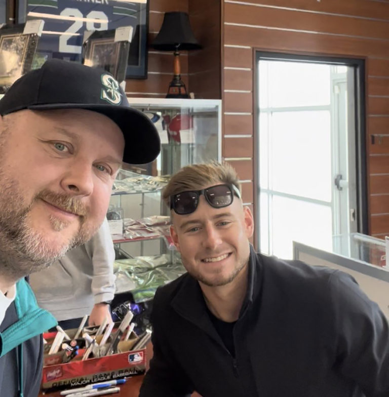 Washougal resident John Scukanec (left) has played catch with several celebrities, including Seattle Mariners outfielder Jarred Kelenic (right), since March 2022.