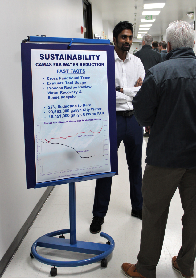 ADI process engineer Abhishek Gannarapu (left) talks to Association of Washington Business visitors on Monday, Oct. 10, 2022.