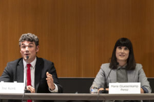 Democratic candidate for Washington's 3rd Congressional District Marie Gluesenkamp Perez, right, looks skyward while Republican candidate Joe Kent gives his closing remarks on Saturday during a debate at the Vancouver Community Library. (Contributed photo courtesy of Taylor Balkom/The Columbian)