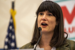 Democratic nominee for Washington’s Third Congressional District Marie Gluesenkamp Perez speaks to supporters Tuesday, Nov. 8, 2022, at the Clark County Democrats election night watch party at the Downtown Vancouver Hilton. (Taylor Balkom/The Columbian)