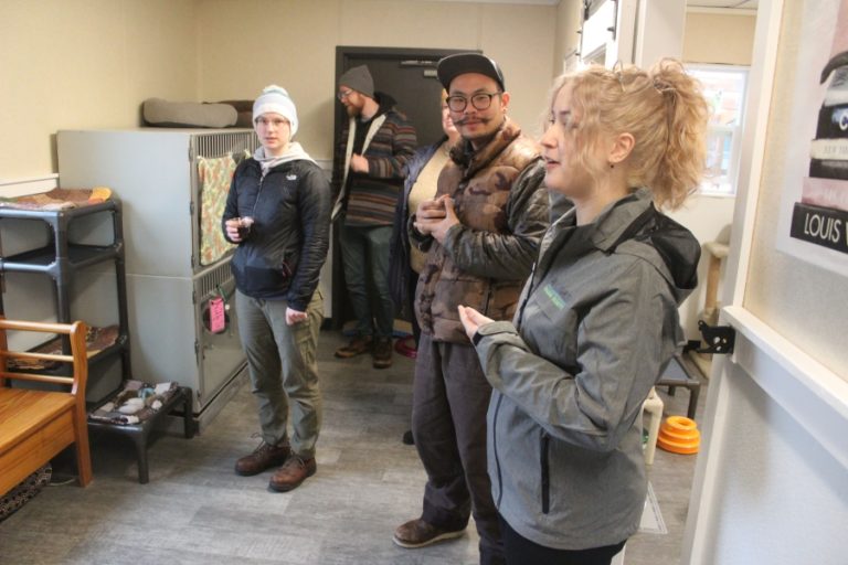 Doug Flanagan/Post-Record 
 West Columbia Gorge Humane Society shelter assistant Mary Jadid (right) leads visitors on a tour of the humane society's new cat shelter on Saturday, Jan. 21.