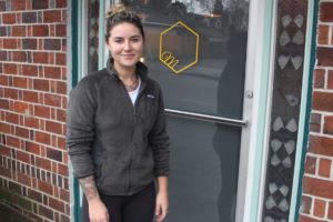 Professional chef Kara Hendrie stands outside the building in downtown Washougal that will soon house her catering business, Miere Catering, on Monday, March 13, 2023. (Doug Flanagan/Post-Record)