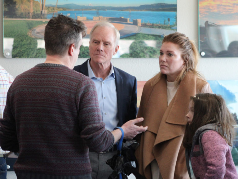 State Rep. Paul Harris (R-17th District) (center) speaks to constituents following a legislative town hall held Saturday, March 18, 2023, at the Port of Camas-Washougal headquarters in Washougal.