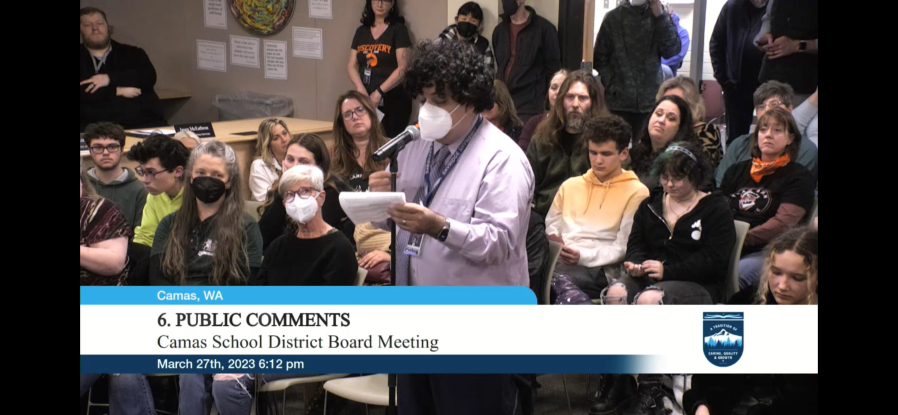 Skyridge Middle School teacher Michael Sanchez, vice president of the Camas Education Association union representing Camas School District educators, speaks to Camas School Board members about the district's plan to cut $6 million from its 2023-24 budget, during a school board meeting held Monday, March 27, 2023, at the school district's administration offices. (Screenshot by Kelly Moyer/Post-Record)