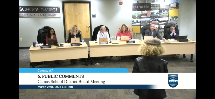 A Camas student addresses Camas School District Superintendent John Anzalone (far right) and members of the Camas School Board (from left to right) Bamini Pathmanathan, Tracey Malone, Connie Hennessey, Erika Cox and Board President Corey McEnry about the importance of maintaining the district's two project-based learning schools during a Board meeting on Monday, March 27, 2023.