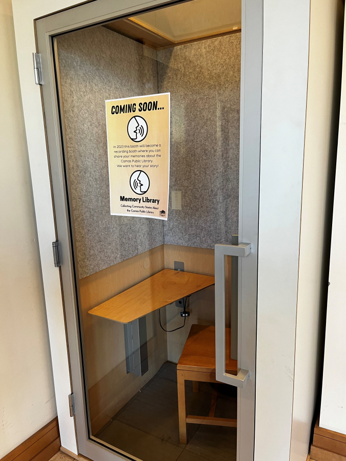 A &quot;memory library&quot; stands inside the Camas Public Library in February 2023. The memory library will record people&#039;s stories about the Camas area as part of the library&#039;s yearlong 100th anniversary celebration in 2023.