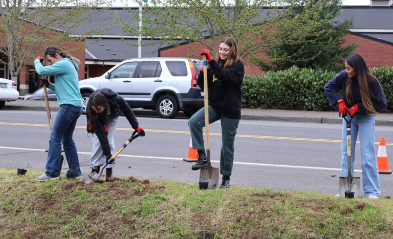 Washougal High School Advanced Placement environmental science students plant native plants riday, May 5, 2023, near the banks of Campen Creek in Washougal.